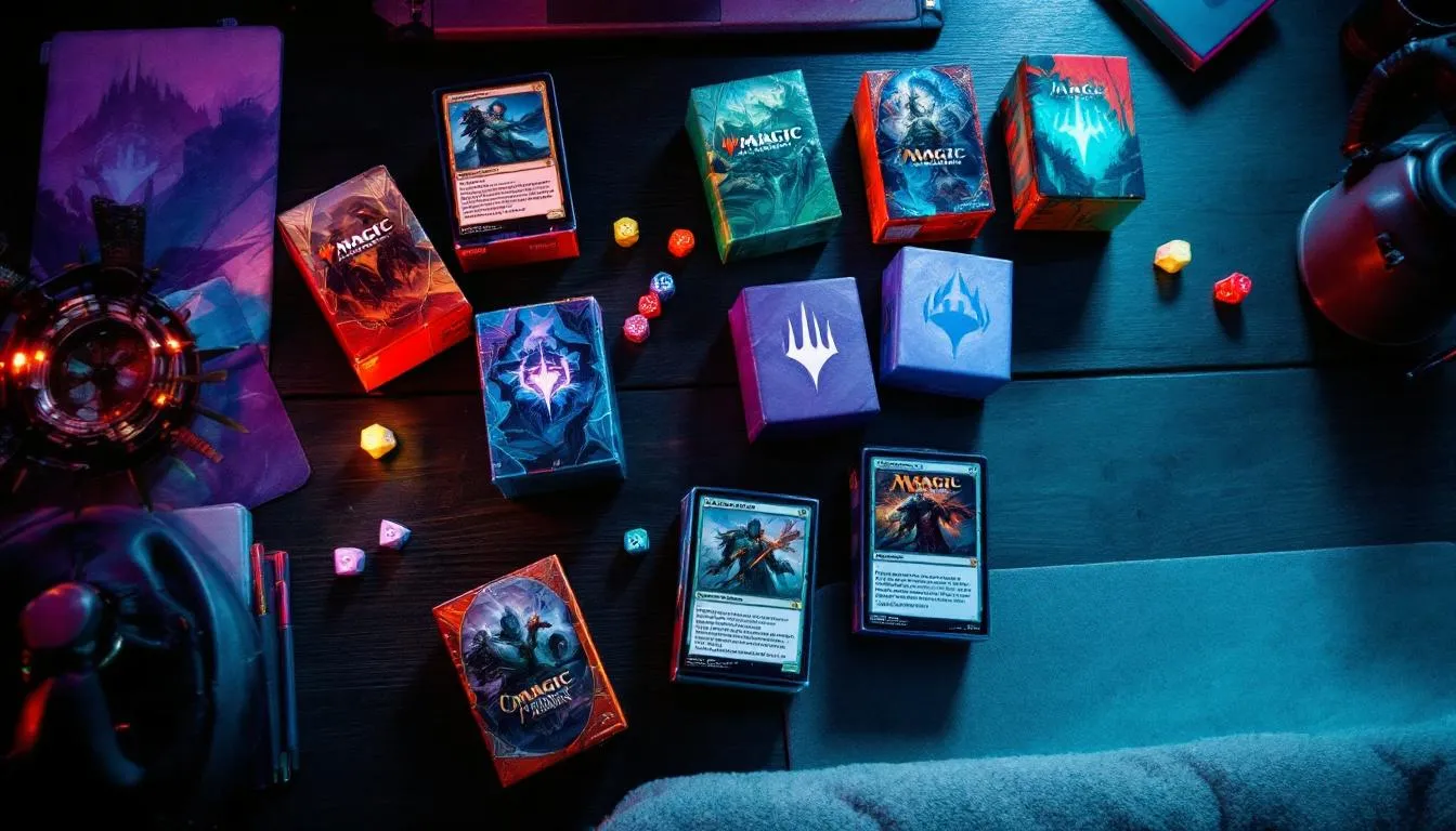 Best Commander precons 2026 MTG cards with sleeves and dice on wooden table, cinematic lighting