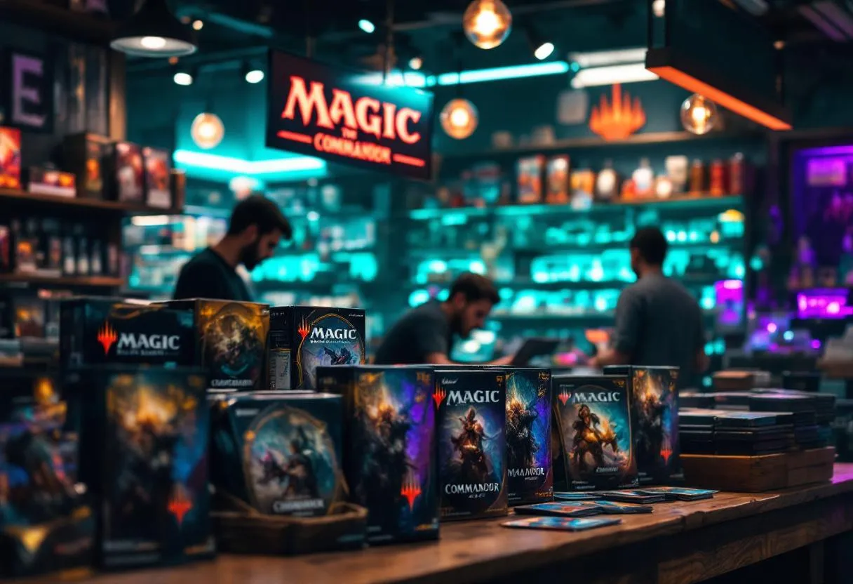 MTG game store displaying Commander precon decks with teal and purple lighting, showing best prebuilt EDH decks for Australian buyers