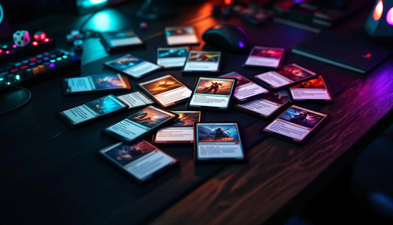 Budget Magic: The Gathering modern staple cards displayed on wooden table with sleeves and dice, cinematic teal and purple lighting
