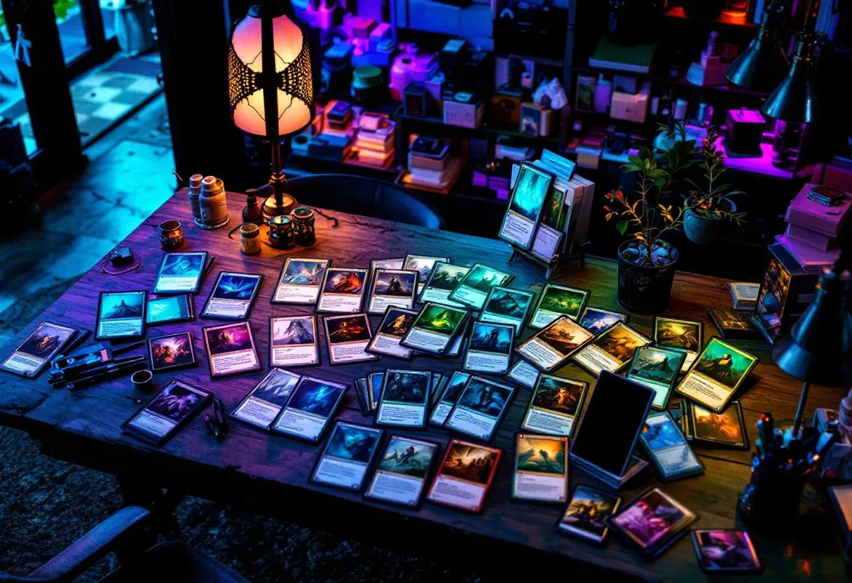 Magic: The Gathering budget staple cards displayed on table in Australian game store with moody teal and purple lighting