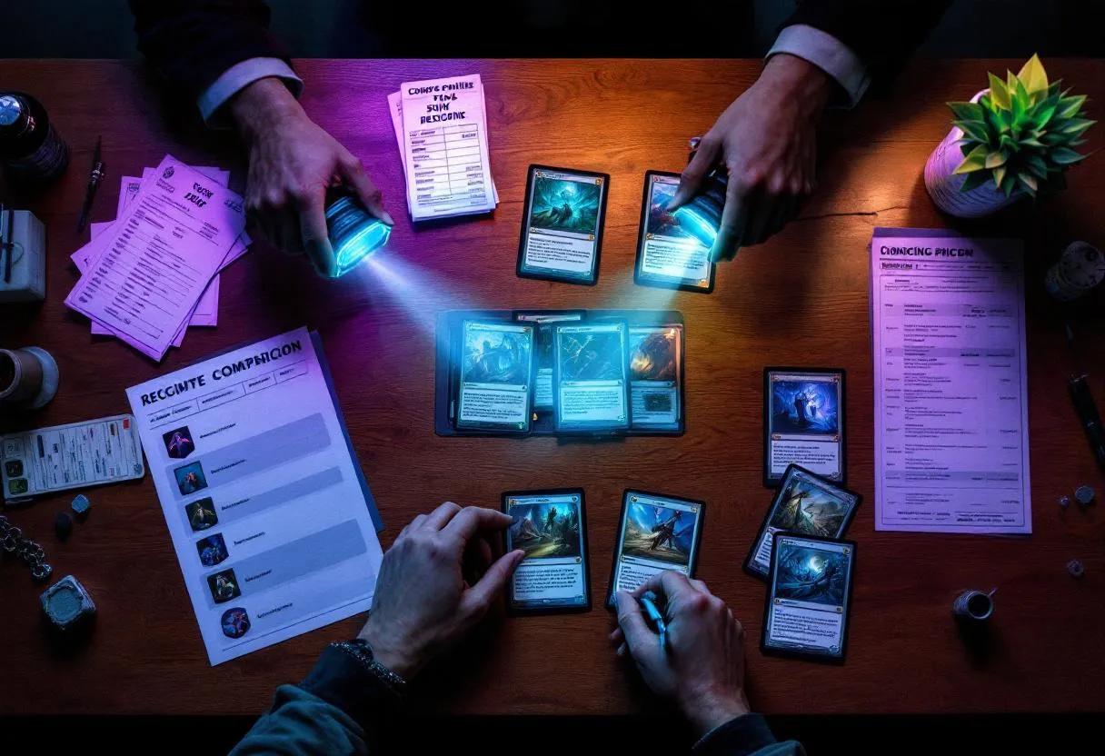 Budget MTG modern staple cards on table with pricing lists, Australian game store scene with teal purple lighting for affordable card deck building