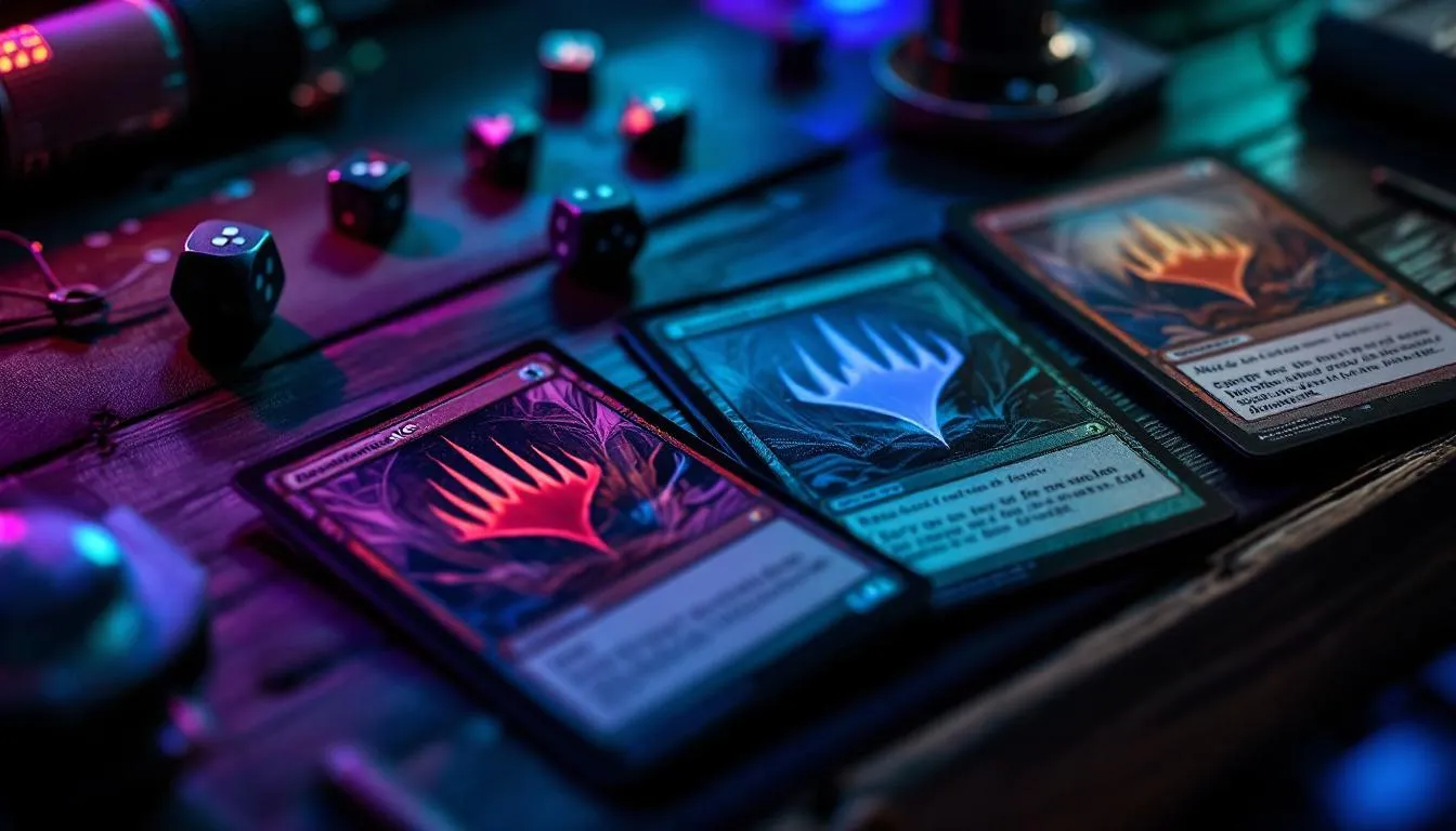MTG singles cards and gaming accessories on wooden table with teal purple lighting, representing buying Magic the Gathering cards in Australia