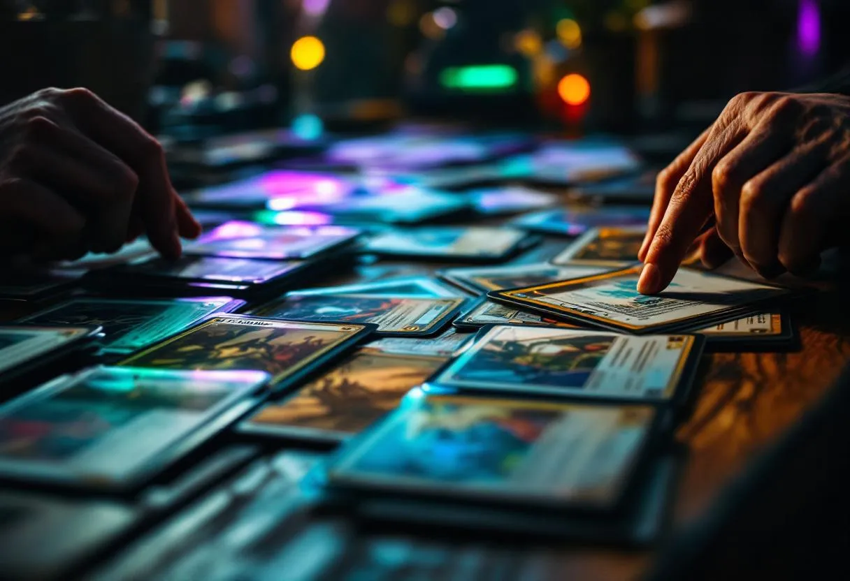 MTG cards being graded for condition with teal and purple lighting, showing near mint and lightly played Magic the Gathering singles for Australian buyers
