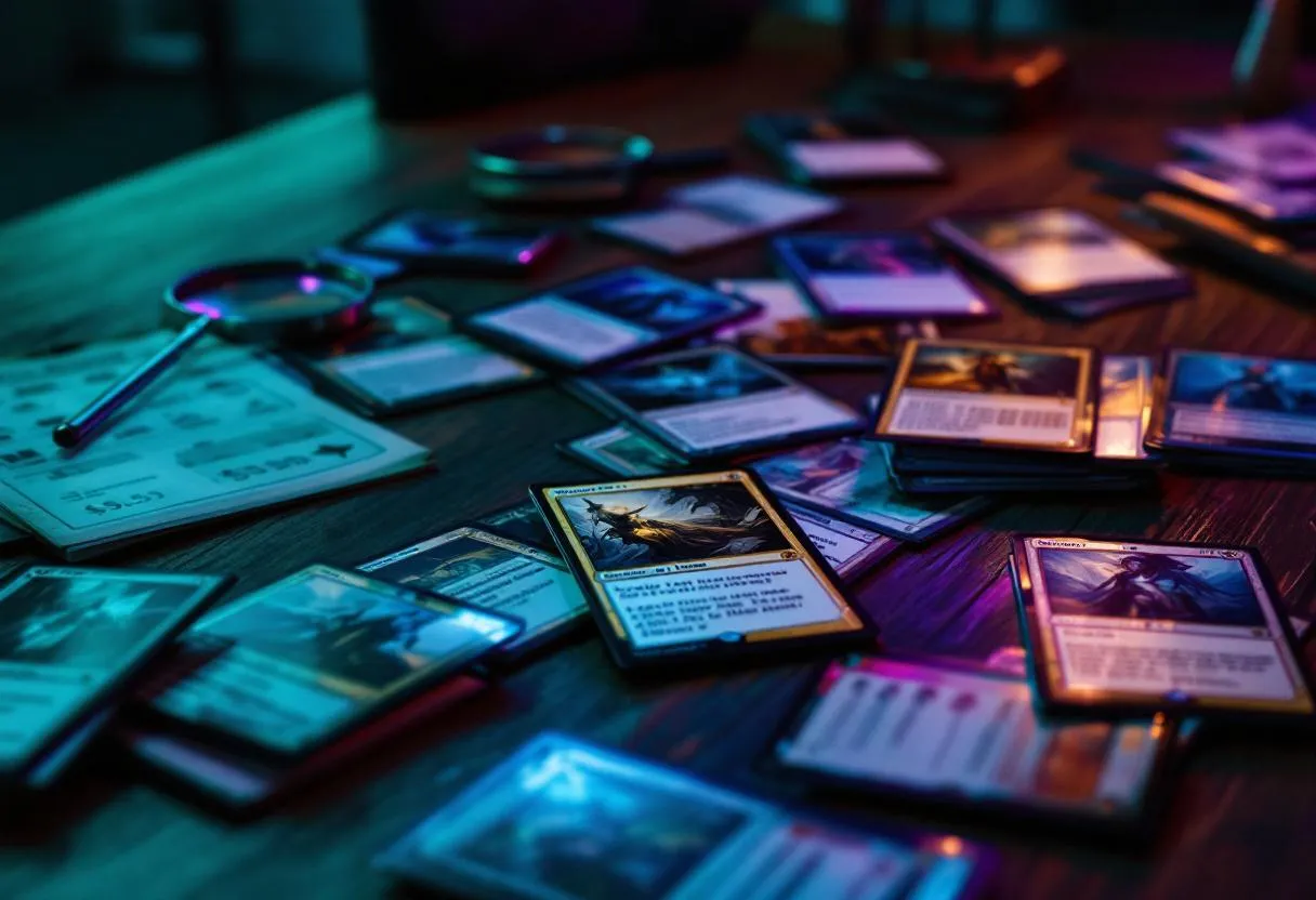 Magic the Gathering cards on table with price comparison tools, teal purple lighting, buying MTG singles Australia concept