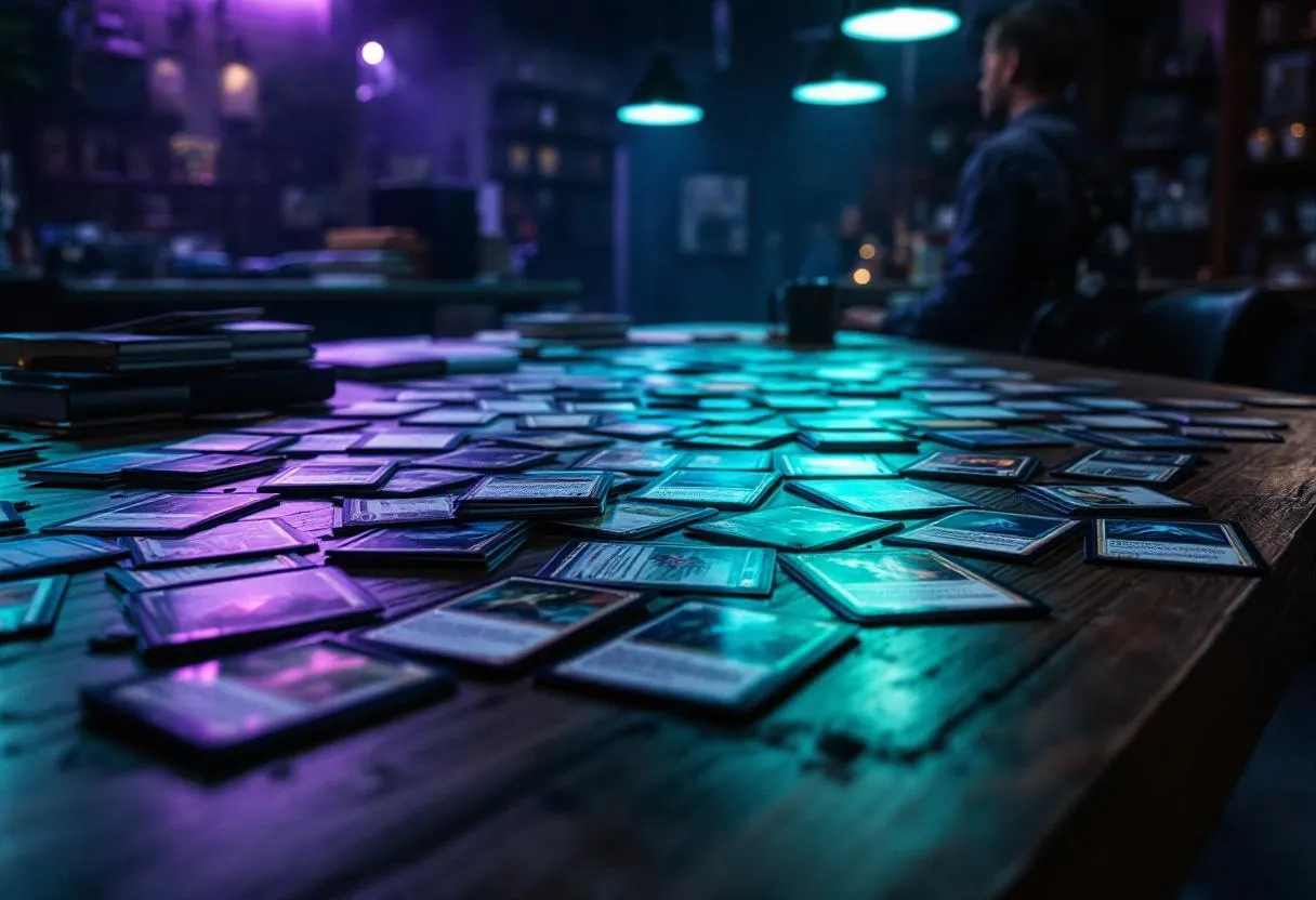 MTG singles collection displayed on table with teal and purple lighting, showing Magic the Gathering cards for Australian online purchase