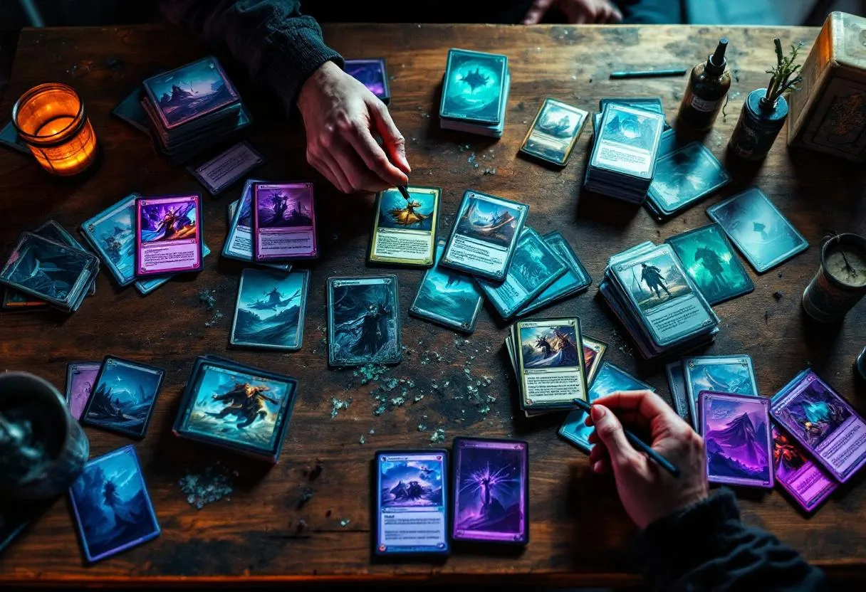 Budget Magic commander deck building with affordable dual lands and staple cards under $5 AUD arranged on table with moody lighting