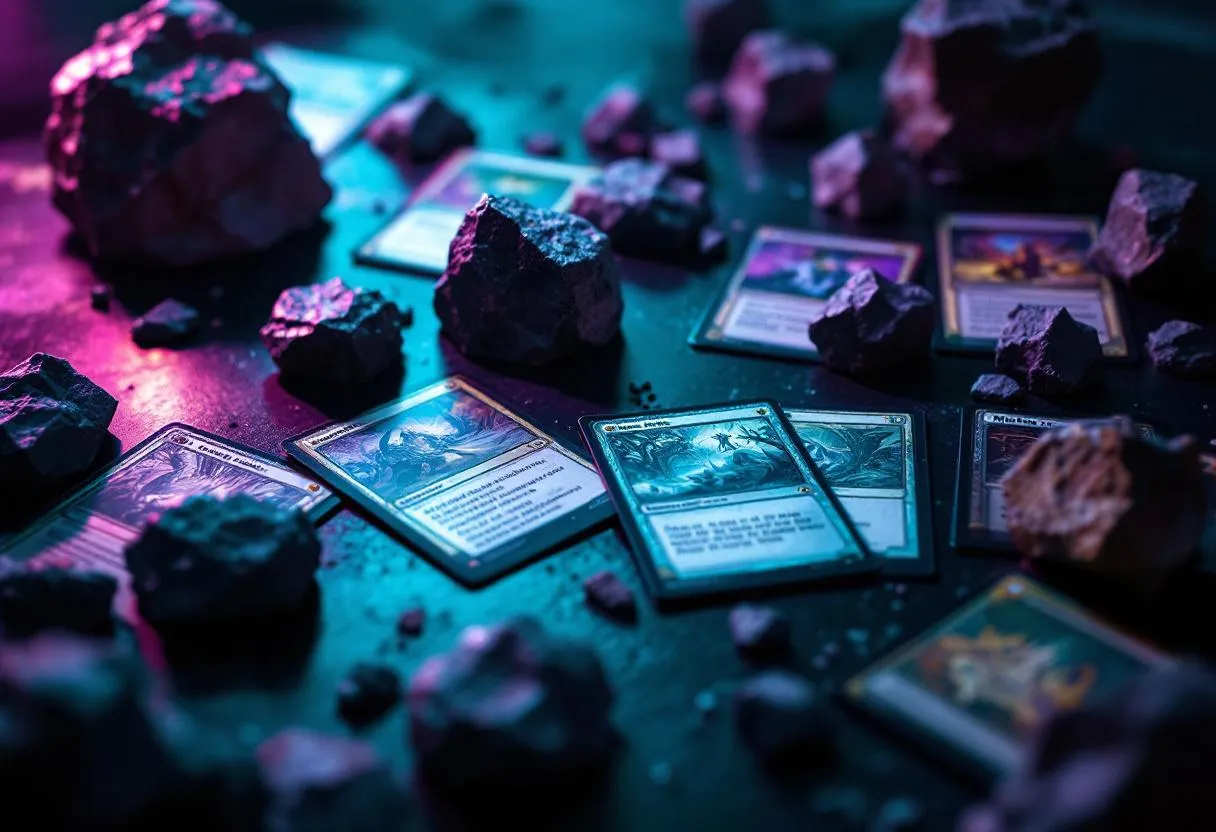 Budget Magic Commander mana rocks and acceleration cards displayed on gaming table with teal purple lighting, affordable EDH staples under $5 AUD