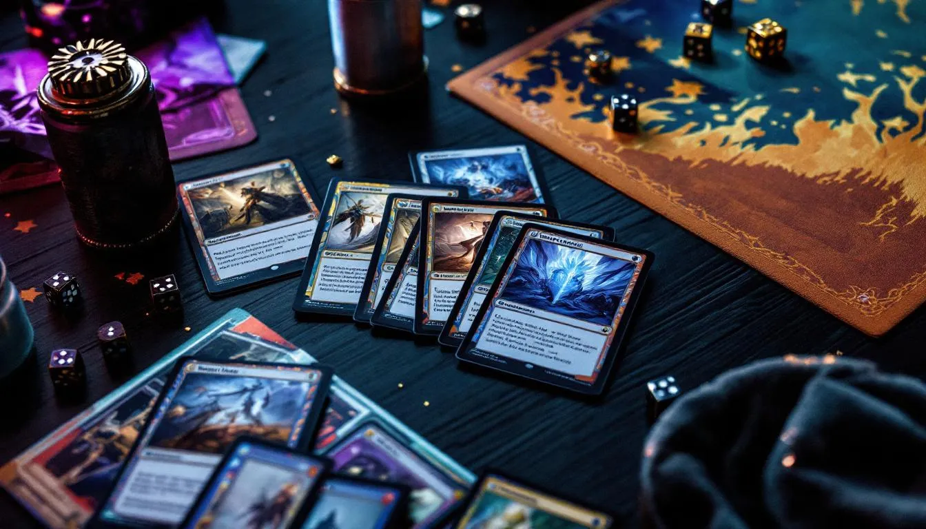 Overhead view of Magic: The Gathering cards with sleeves and dice on wooden table, comparing MTG store prices Australia concept