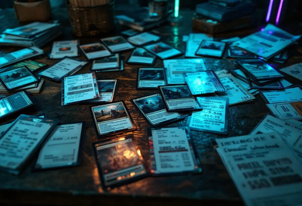 MTG cards with price comparison details on table, Australian card shop pricing factors, moody teal purple lighting