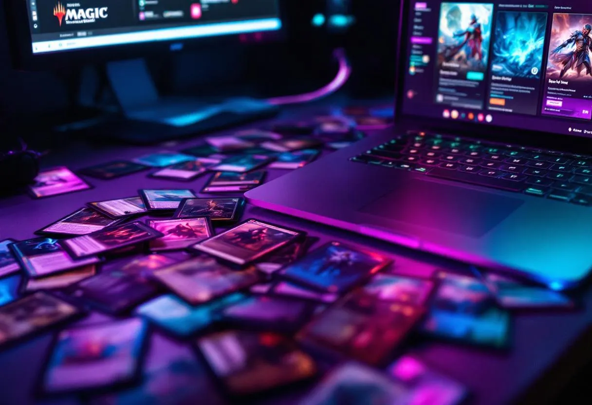 MTG cards and laptop showing online shopping, comparing Australian MTG stores with teal purple lighting, cheapest MTG store comparison