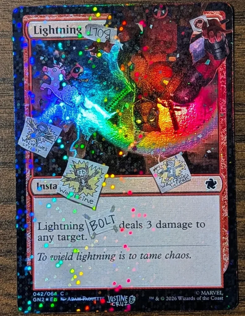 Deadpool Secret Lair Lightning Bolt - covered in Deadpool's hand-drawn Wolverine doodles and sticky notes. Credit: Taalia Vess