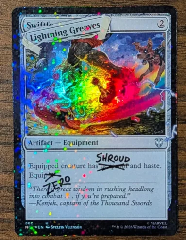 Deadpool Secret Lair Lightning Greaves - Deadpool has crossed out Swiftfoot Boots and renamed it. Credit: Taalia Vess