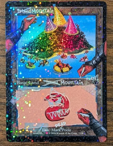 Deadpool Secret Lair Mountain - an Island card with Island crossed out and Mountain written in by Deadpool. Credit: Taalia Vess