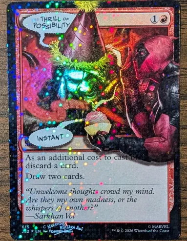 Deadpool Secret Lair Thrill of Possibility - Deadpool caught editing the card in his own art. Credit: Taalia Vess