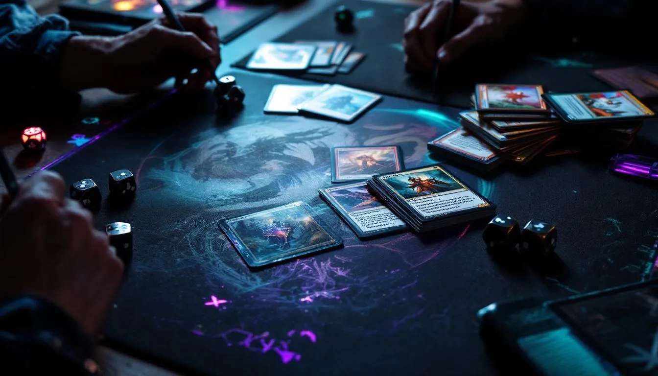 MTG booster cards and accessories on dark table with teal purple lighting, representing Magic trading card game loot box debate and regulation