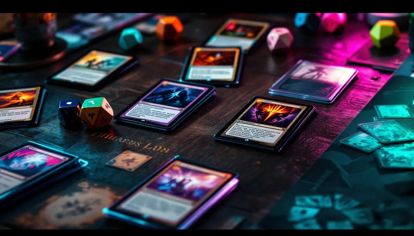 MTG cards in different conditions displayed on wooden table with sleeves, dice, and playmat for MTG grading guide and card condition explanation.