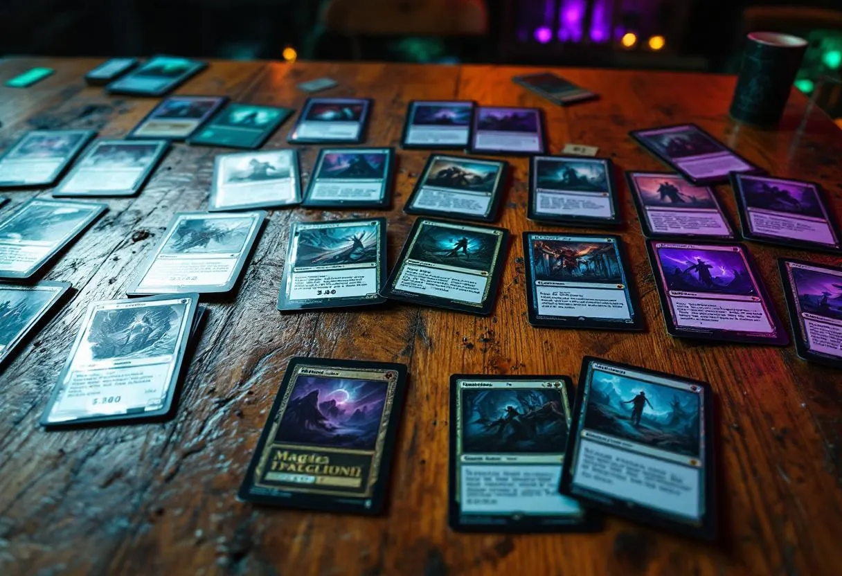 MTG cards with price tags showing condition-based pricing differences, near mint to played conditions, game store table display with teal purple lighting