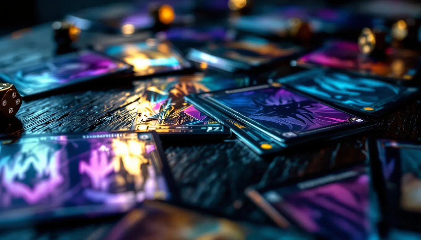 MTG Magic: The Gathering cards with sleeves on wooden table, teal purple lighting, price spike concept, trading cards collectible
