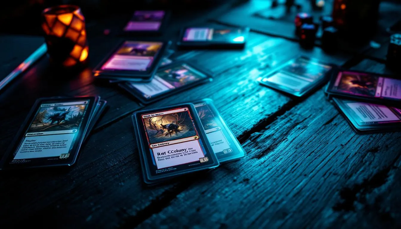 MTG Rat Colony cards on wooden table with price spike concept, Magic The Gathering card game photography with teal purple lighting