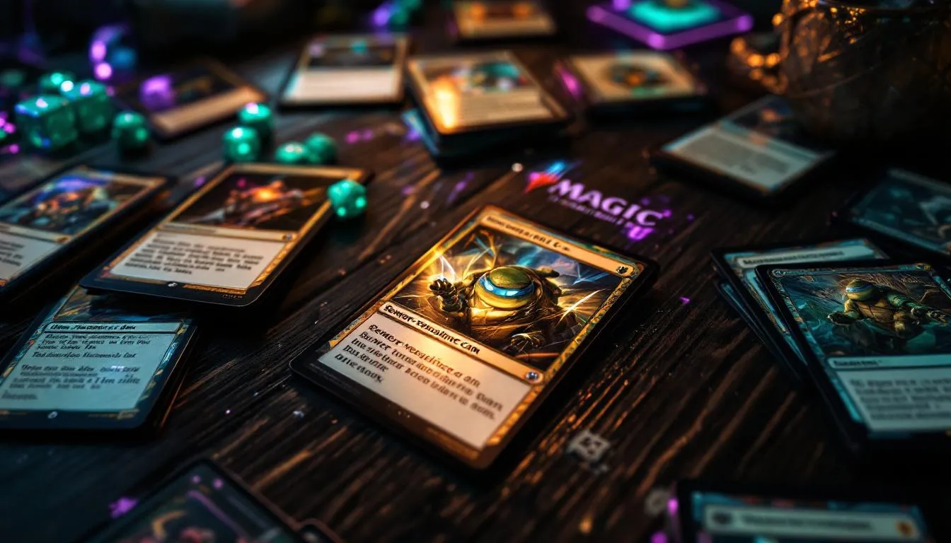 Magic The Gathering Ninja Turtles cards on table with Sewer-veillance Cam, infinite combo setup, competitive gaming