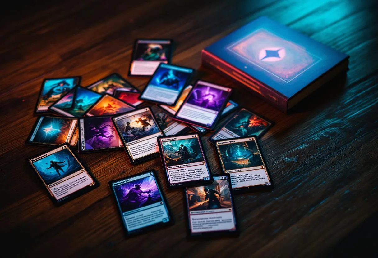 Pioneer budget MTG cards on table with purple teal lighting, affordable staples for Australian players deck building