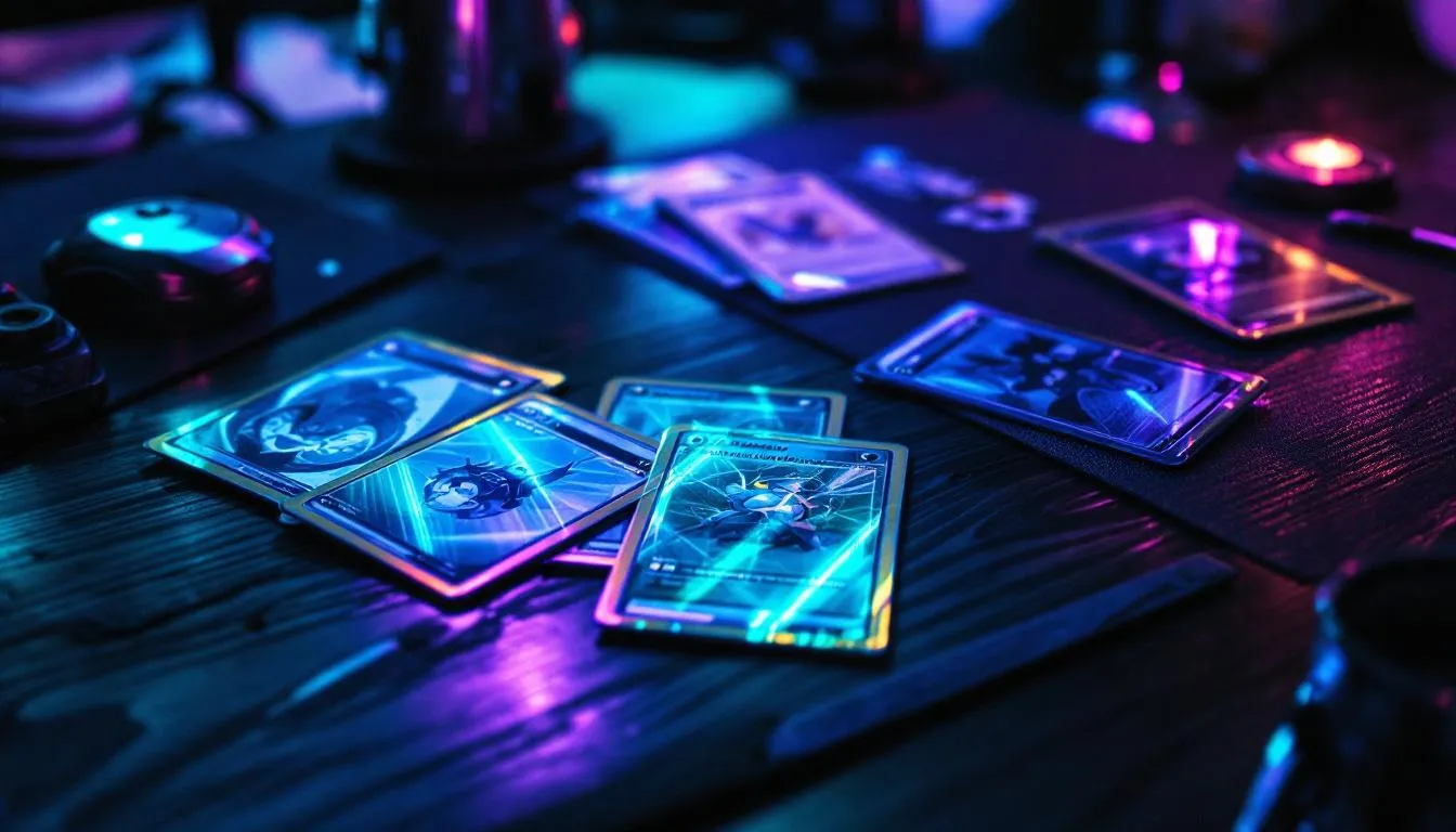 Rare Pokemon 151 chase cards in sleeves on wooden table with cinematic lighting, representing price spike and out of print scarcity for Australian collectors.