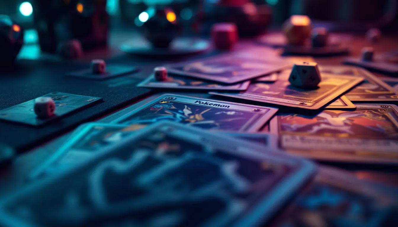 Pokemon TCG cards on dark wooden table with teal purple lighting, card sleeves and dice for Abyss Eye and Storm Emeralda set reveal