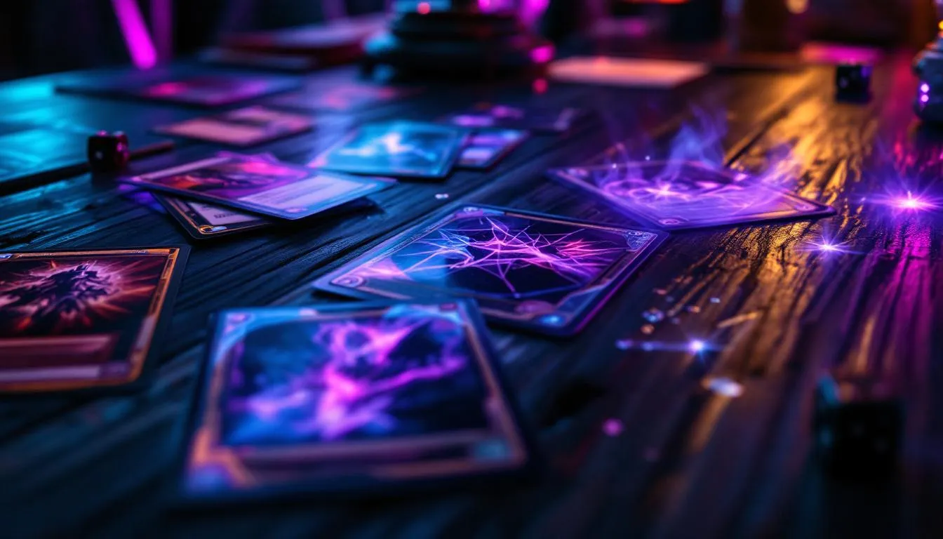 Pokemon TCG cards on dark wooden table with teal and purple cinematic lighting, sleeves and dice, representing new Aura Seeker set announcement