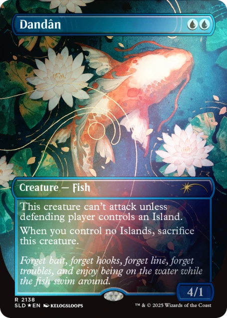Dandan Secret Lair borderless foil card art by Kelogsloops showing a koi fish among water lilies