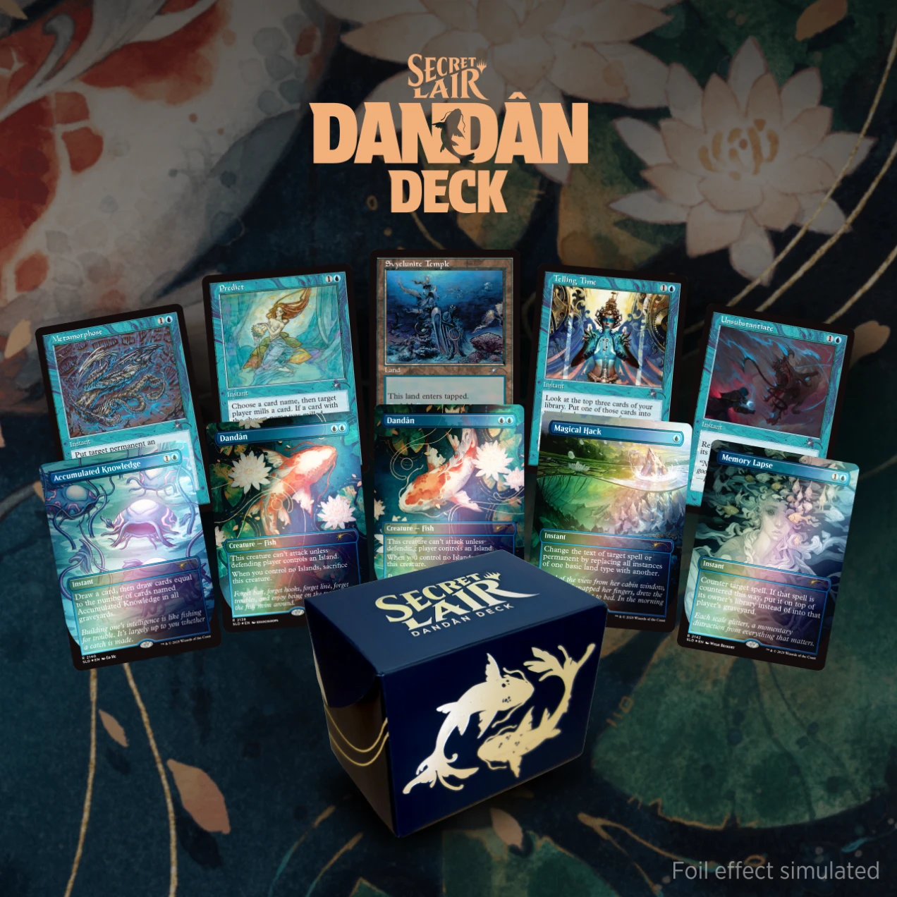 Secret Lair Dandan Deck product box surrounded by borderless foil MTG cards featuring new artwork by Kelogsloops