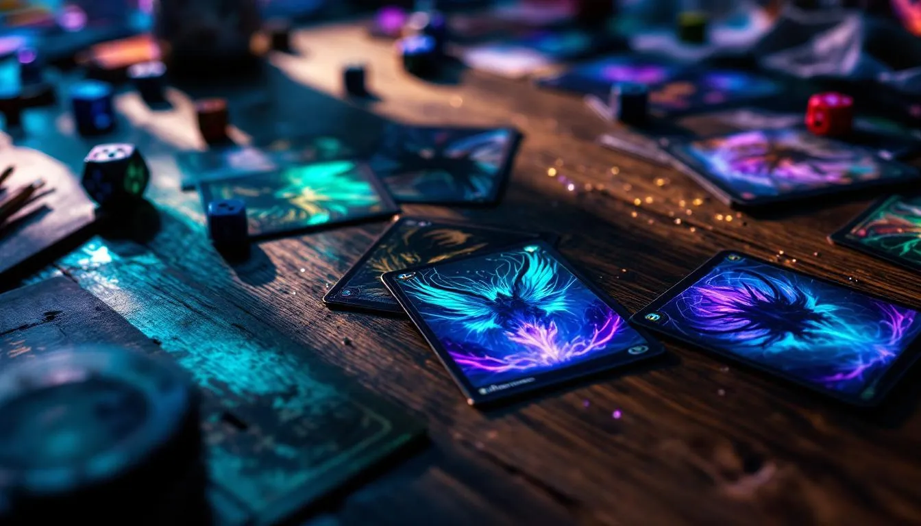 Magic The Gathering Secrets of Strixhaven cards on wooden table with dice and sleeves, teal purple lighting for Australian prerelease event.