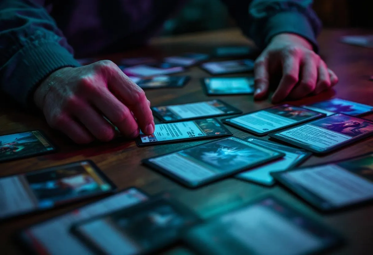 MTG Strixhaven cards on table with price evaluation, moody teal purple lighting, card trading scene for Australian players