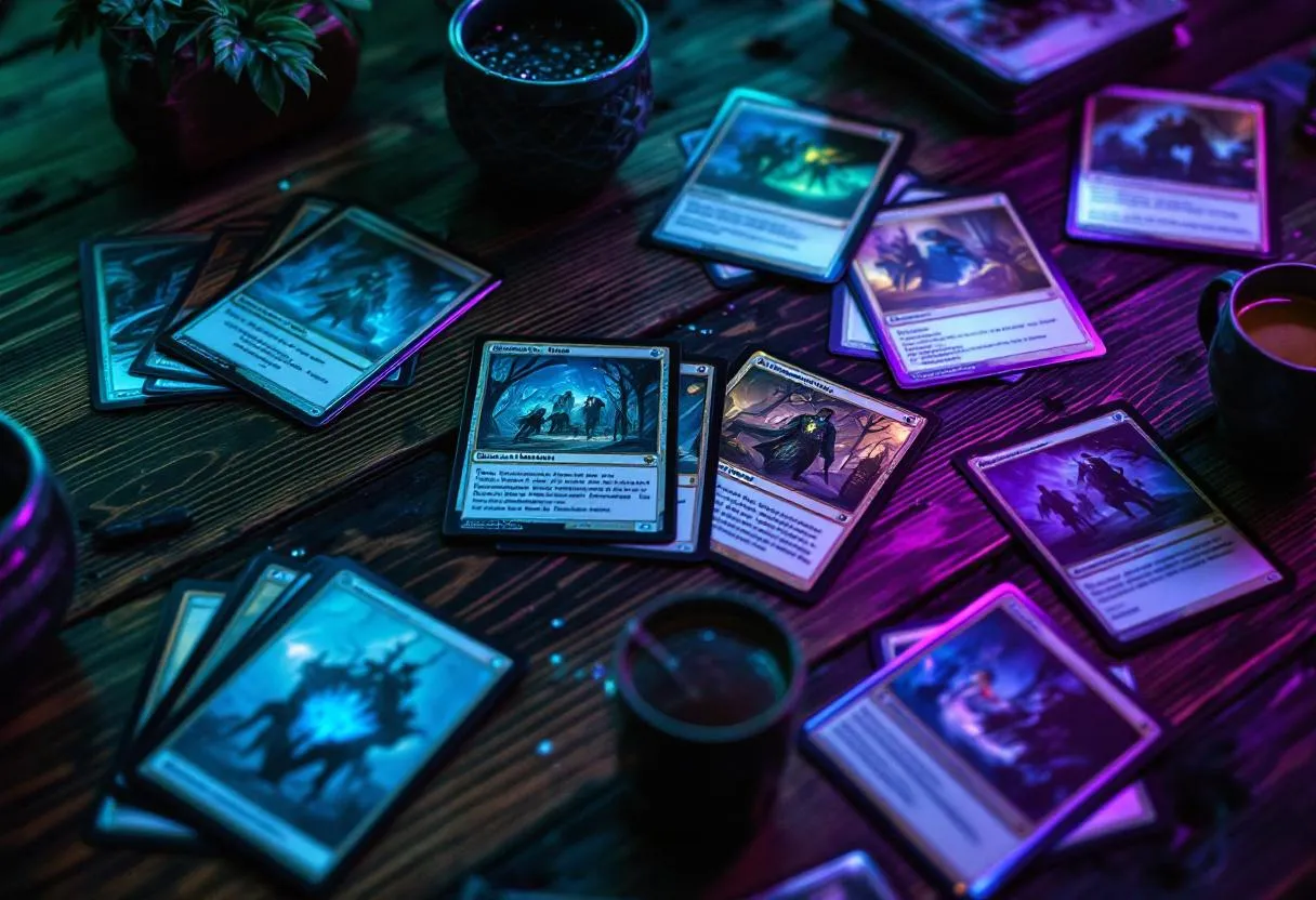 MTG Strixhaven cards on gaming table with teal purple lighting, set review analysis for Magic The Gathering 2026