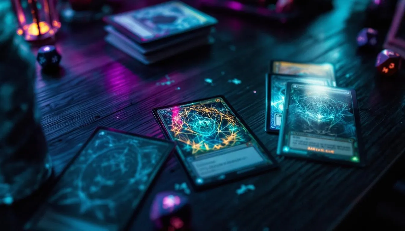 TMNT Secret Lair bonus cards on wooden table with MTG gaming accessories, teal and purple cinematic lighting, rare Magic cards overhead view